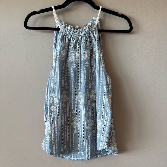 Flowers & Romance Women's Chambray Linen Cotton Eyelit Sleeveless Top Size Small - Picture 1 of 14
